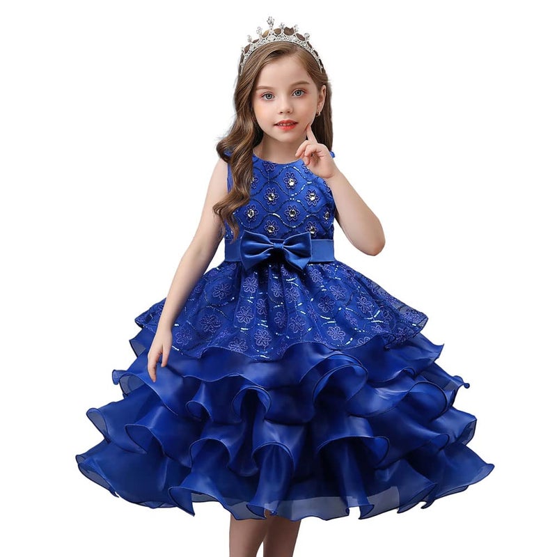 DreamHigh Wedding Flower Girl's Ruffles Lace Cute Bow Waist Evening Dress up Royal Blue 9-10 Years - Image 2